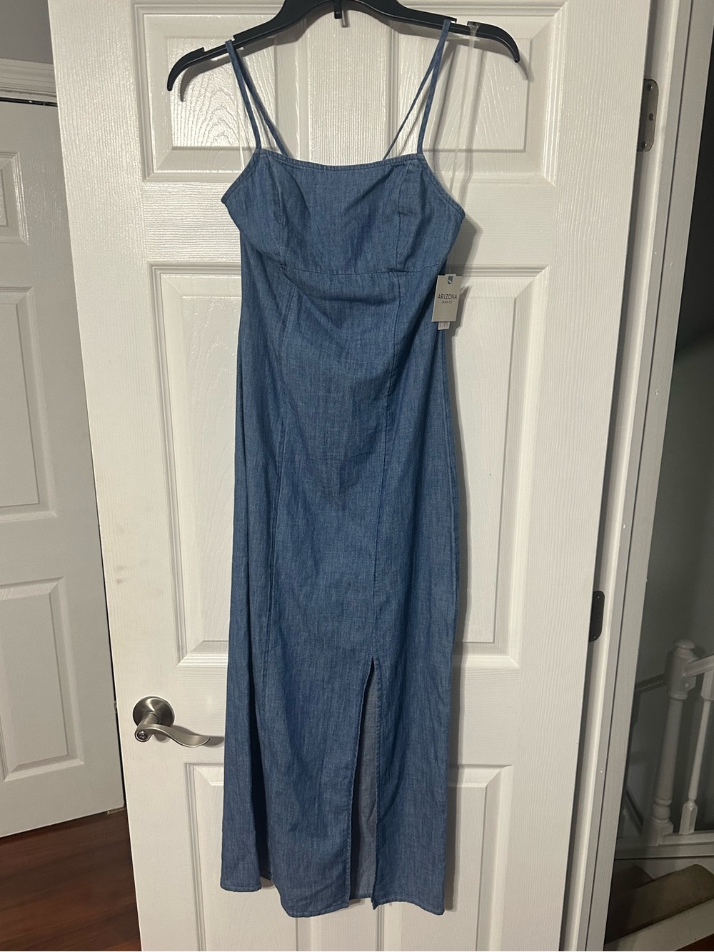 NWT Arizona Jeans Co Junior Medium Wash  Denim Slip Maxi Dress with Front Slit